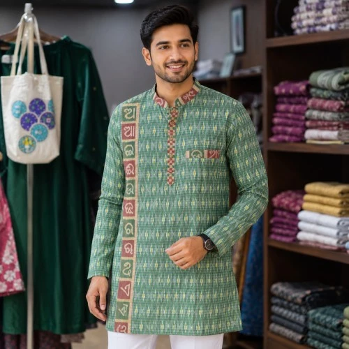 Utkalamrita Handcrafted Green Ikat Cotton Kurta for Men | Ethnic Long Sleeve Traditional Wear