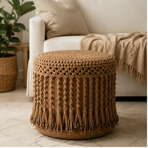 Cotton Ottoman Footrest with Braided Tassel Design | 40 x 40 Inch Floor Cushion Pouffe
