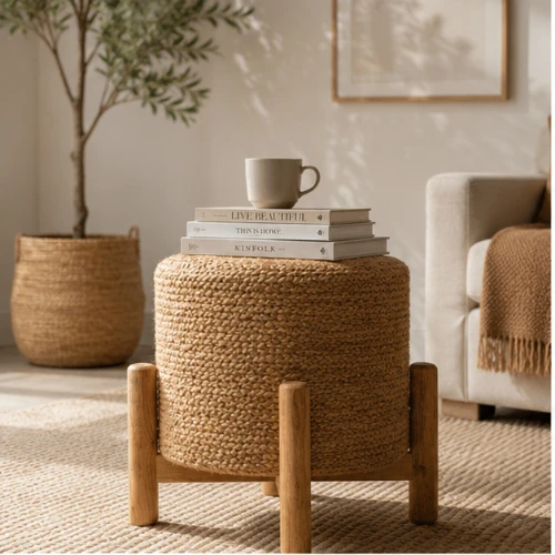 Jute Pouffe with Wooden Legs | Ottoman Footrest & Jute Stool (40 × 40 × 40 cm)