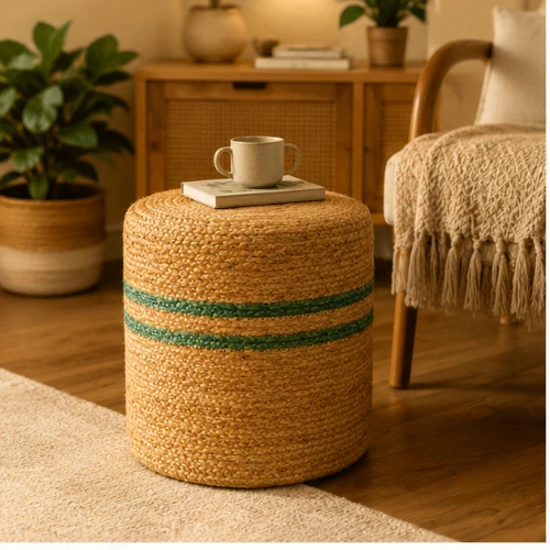 Handcrafted Jute Ottoman Pouffe | Beige with Dual Green Stripes