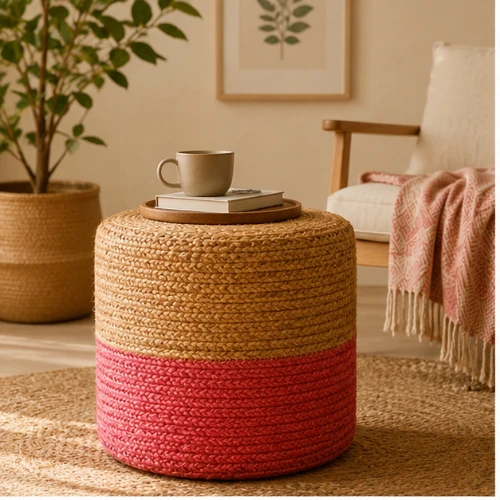 Handcrafted Jute Ottoman Pouffe | Beige & Pink Footrest