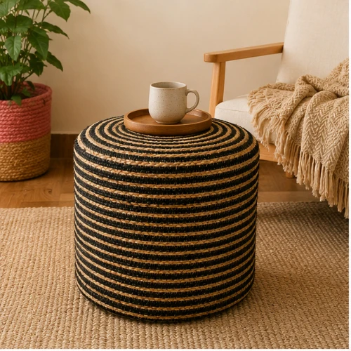 Handcrafted Jute Ottoman Pouffe | Black & Yellow Stripes Footrest