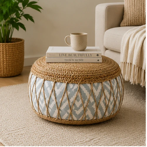 Jute Pouf for Sitting | Round Ottoman Footrest for Living Room